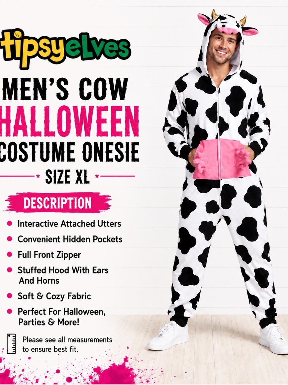 🐄🎃 Tipsy Elves Men’s Cow Halloween Costume Onesie Size XL